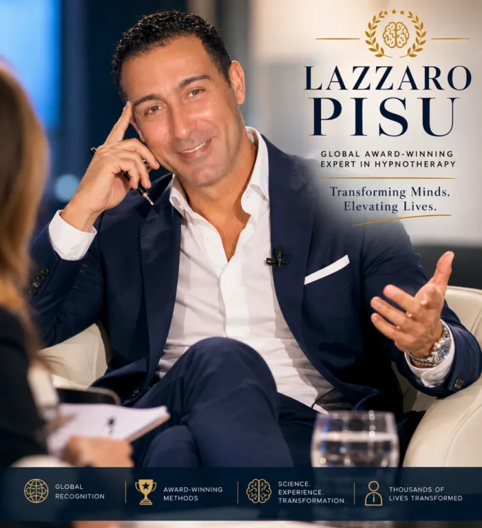 Hypnotherapist and life coach Lazzaro Pisu during a television interview in New York