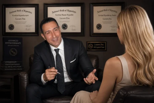 Lazzaro Pisu conducting a hypnotherapy session for anxiety in his Vancouver, British Columbia office